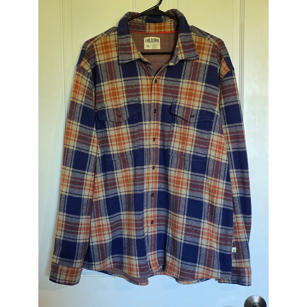Lake & Trail Mens XL Plaid Flannel Shirt Blue Orange Long Sleeve Button Down